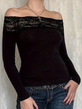 Y2K Elegant Lace Stitching One-Shoulder Fit Long Sleeve Top for Targeted