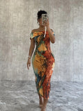 For Spring & Summer, Off-shoulder Straight Neck Abstract Print Sheath Dress, Women's Clothing