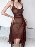 Vintage Brown Halter Neck Mesh Dress