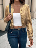 Everyday Comfort, Elegant Women's Pink Metallic Bomber Jacket - Long Sleeve, Zip-Up with Baseball Collar, Polyester Blend, Machine Washable for Spring & Fall Fashion, Spring Jacket|Glossy Finish Jacket|Polyester Blend Jacket voguable