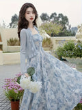 [Floral Print Strap Dress Set] Elegant Floral Print Strap Dress Set, Long Sleeve Ruffle Trim Open Front Ribbed Cardigan & Square Neck Sleeveless A-line Dress Outfits, Women's Clothing