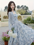 [Floral Print Strap Dress Set] Elegant Floral Print Strap Dress Set, Long Sleeve Ruffle Trim Open Front Ribbed Cardigan & Square Neck Sleeveless A-line Dress Outfits, Women's Clothing voguable
