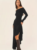 Elegant Ruffled Off Shoulder Long Sleeve Dress - Women's Backless Asymmetrical Slim Fit Dresses with Ruffle Hem - Perfect for Formal Occasions and Date Nights