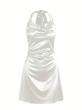 Sexy Satin Cowl Neck Halter Dress - Backless Mini Dress for Evening Party - Women's Clothing