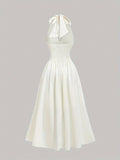 [Midi Apricot Satin Pleated Dress] Elegant Apricot Satin Midi Dress with Pleated Detail - Halter Neck, Non-Stretch Polyester, Machine Washable - Perfect for Spring/Summer/Fall