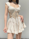 Skin Square Neck Fold Buttons Dress