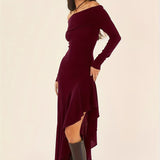 Elegant Ruffled Off Shoulder Long Sleeve Dress - Women's Backless Asymmetrical Slim Fit Dresses with Ruffle Hem - Perfect for Formal Occasions and Date Nights