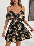 Summer Women's Elegant Off-Shoulder V-Neck Ruffle Hem Floral Print Mini Dress - Lightweight Machine-Washable Sleeveless Party Dress for Festivals, Beach & Casual Outings