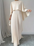Pleated Non-Stretch Polyester Elegant Solid Color Dress - Integrated Cape Shawl, Machine Washable, Perfect for All Seasons - Middle East Special Project Style