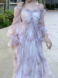 [Misty Dress] Misty Blue-Gray Dress | Long Sleeves, Ruffled Hem, Butterfly Design And Golden Accents - Perfect for Early Autumn