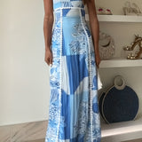 Polyester Vacation Style 1pc Women'S Printed Maxi Dress - Ruffle Neckline and Spaghetti Straps - Woven Slingback Dress for Adults