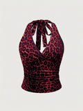 [Slim Fit Backless Crop Top] Leopard Print Halter Neck Top, Sexy Backless Slim Fit Crop Top For Spring & Summer, Women's Clothing