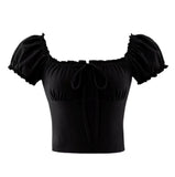 Daily Cute Short Sleeve Solid Color T-shirt Ruffles Bowknot Ruched Empire Waist Scoop Neck Y2K Tops For Girl