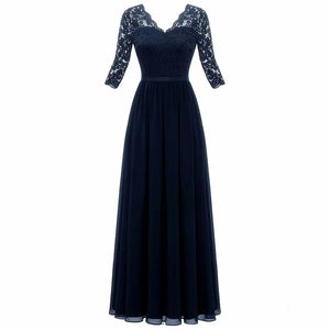 Women‘s Formal Party Dress Maxi long Dress Navy Blue 3/4 Length Sleeve Print Pure Color Ruched Lace Fall Winter V Neck Elegant Fashion Modern 3XL