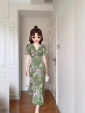 Fashion Printing Summer Woman Dress Korean Drawstring Short Sleeve V-neck Vestido Femme Irregular Ruffle A-line Dresses