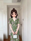 Fashion Printing Summer Woman Dress Korean Drawstring Short Sleeve V-neck Vestido Femme Irregular Ruffle A-line Dresses