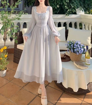 Summer French Elegant Lace Midi Dress Woman Long Slevee Korean Fashion Dress Casual Party Pure Color Vintage Dress Female