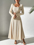 Autumn/Winter Fashion Women's A-Line Ribbed Knit Dress, V-Neck, Ruffled Hem, Solid Color, Polyester, Adult Size, 99080719