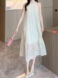 Chic French Vintage Lace Embroidered Halter Dress - Sleeveless, Off-Shoulder with Tie Back Detail, Summer Long Maxi for Women