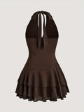 Elegant Brown Halter Neck Dress for Women - Polyester, Machine Washable, Deep V-Neck, Floral Detail, Double-Layer Ruffled Skirt | Perfect for Summer