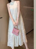 Chic French Vintage Lace Embroidered Halter Dress - Sleeveless, Off-Shoulder with Tie Back Detail, Summer Long Maxi for Women