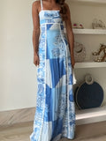Polyester Vacation Style 1pc Women'S Printed Maxi Dress - Ruffle Neckline and Spaghetti Straps - Woven Slingback Dress for Adults