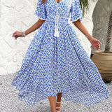 [Elegantly Printed Tasseled V-neckline Dress] Women's V-neckline Is Elegantly Printed, And The Atmosphere Is Tasseled Dress