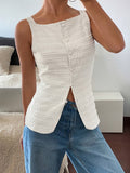 [Sleeveless Textured Cardigan Elegant Shirt] Women's square collar cardigan buttonless sleeveless textured horizontal striped elegant shirt, waist-tightening top, commuting minimalist office old money loose, simple Women's to voguable