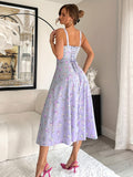 Vintage Floral Print Square Neck Sleeveless Midi Dress with Adjustable Thin Straps & Front Zipper, Light Purple Floral Design, Backless Detail - Perfect for Spring/Summer/Fall, Casual Summer Dress | Vintage Floral Dress | Ruf
