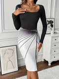 Gradient Print Square Neck Slim Dress, Elegant Long Sleeve Split Hem Pencil Dress For Spring & Fall, Women's Clothing