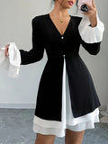 Elegant V-Neck Color Block 1pc Dress - Polyester A-Line Pendulum with Flounce Sleeves for Women, Spring/Fall