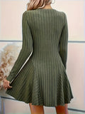 Elegant Black V-Neck Knit Dress - Chic Long Sleeve A-Line Mini with Ruffle Detail, Polyester & Elastane Blend, Machine Washable - Perfect for Fall
