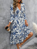[Elegant Celadon Style Print Dress] Women'S Elegant Print Temperament Casual Celadon Style Dress
