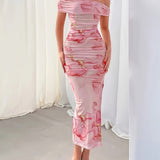 Elegant Floral Print Off Shoulder Dress - Backless Slim Side Split for Party & Banquet - Women's Clothing