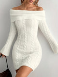 Women'S Off-Shoulder Knit Dress, Casual Solid Color Polyester Bodycon with Spandex, Autumn Winter One-Shoulder Weave Dress