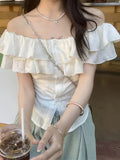 Solid Color French Ruffle Off-Shoulder Shirt - Women's Summer Slimming T-Shirt - Polyester, Petal Sleeve, Sleeveless, Button Front, X Fit, Regular Fit, Woven Fabric