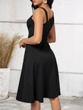 Elegant Black Midi Dress with White Strap and Button Details - Vintage-Inspired, Stretchy Polyester Blend, One-Shoulder Design, Machine Washable - Chic Summer & Autumn Women's Fashion