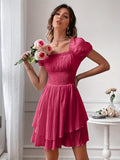 Elegant Off-Shoulder Square Neck Dress, 100% Polyester Solid Color A-Line Mini Dress for Women, Spring/Summer Woven Fabric, Occasion Wear | Ruffled Bodice | Polyester Fabric, Cute Dresses