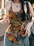 Y2K Sleeveless Curved Hem Camisole - Butterfly Print Spaghetti Strap Top - Women's Spring & Summer Clothing