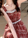 Chic French Vintage Ballet-Inspired Red & White Plaid Sundress with Lace Trim - Sleeveless, A-Line Mini Dress for Petite Women, Sweet & Spicy Style, Machine Washable