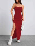Solid Color Split Cami Dress, Elegant Sleeveless Bodycon Maxi Dress For Spring & Summer, Women's Clothing