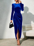 [Long Sleeve Solid Dress] Long Sleeve Split Hem Solid Dress, Elegant Crew Neck Slim Dress For Party & Banquet, Women's Clothing