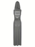Split Hem Tie Waist Dress, Y2K Back Cut Out Sleeveless Ruched Hooded Dress For Spring & Summer, Women's Clothing For Party Dressing