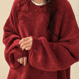 Cozy Womens Crew Neck Pullover Sweater - Relaxed Fit, Dramatic Drop Shoulder & Trendy Split - Soft Knit, Everyday Casual Style - Solid Color Wardrobe Staple