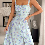 Vintage Floral Print Square Neck Sleeveless Midi Dress with Adjustable Thin Straps & Front Zipper, Light Purple Floral Design, Backless Detail - Perfect for Spring/Summer/Fall, Casual Summer Dress | Vintage Floral Dress | Ruf
