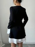 Elegant V-Neck Color Block 1pc Dress - Polyester A-Line Pendulum with Flounce Sleeves for Women, Spring/Fall