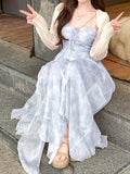 French Style First Love Cherry Blossom Pink Tie-Dye Suspender Dress Vacation Style Fairy Style Gradient Dyeing Women's Summer Floral Irregular Hem Vacation Long Dress