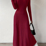 Elegant Solid Color V-Neck Knit Long Sleeve A-Line Dress - Ribbed Texture, Machine Washable, Polyester - Chic Middle Eastern Style for Fall, Elegant Long Sleeve Knit Dress