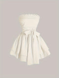 Elegant Strapless Backless A-line Dress - Solid Color Lace Up Tube Dress - Layered Hem Ruffle Trim Women's Clothing