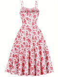 Summer 100% Polyester Vintage Floral Dress for Women - Spaghetti Strap A-Line Pendulum Style with Faux Drawstring Detail, Ideal for Parties and Casual Wear
